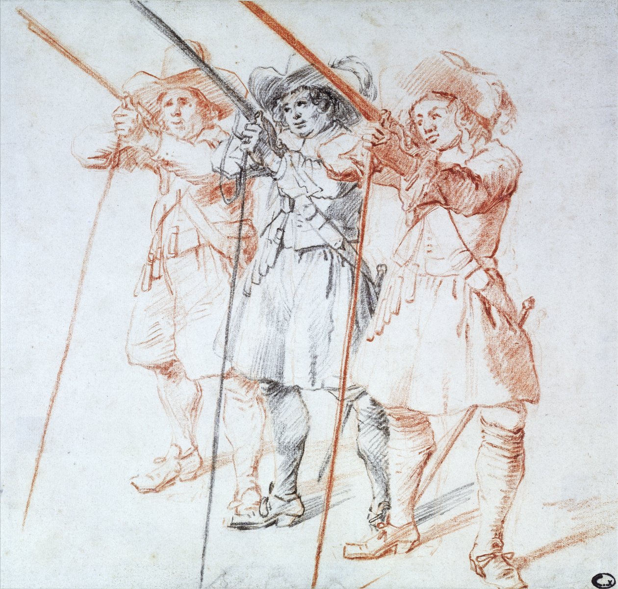 Three Arquebusiers, 1712 (svart och röd krita på papper) av Jean Antoine Watteau
