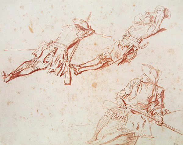 Tre vilande soldater, 1709 (röd krita på papper) av Jean Antoine Watteau