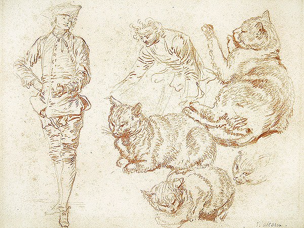 Två män och fyra katter (röd krita på papper) av Jean Antoine Watteau