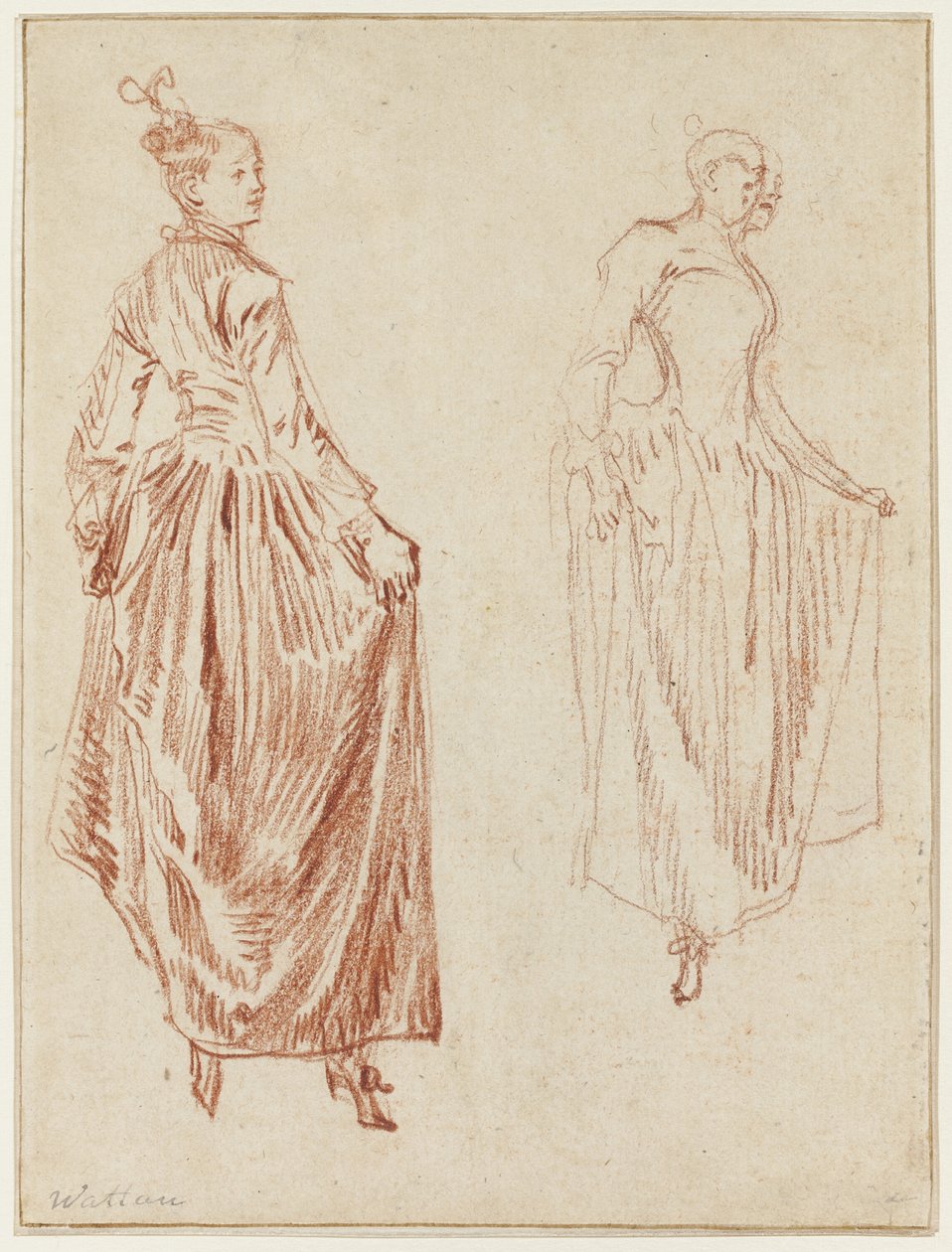 Två studier av en dansare som lyfter kjolen med sina två händer av Jean Antoine Watteau
