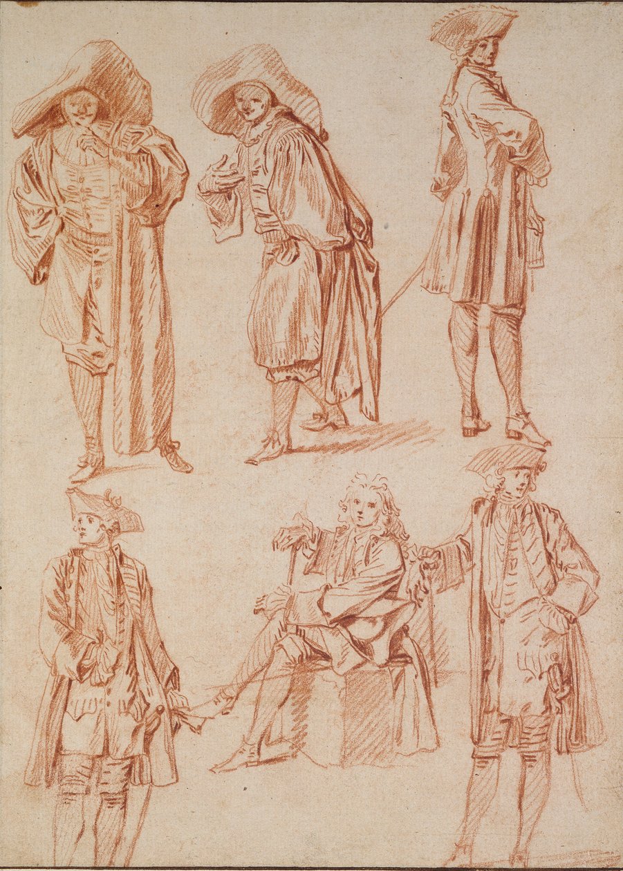 Två studier av doktorn i den italienska komedin och fyra officerare, 1700-talet av Jean Antoine Watteau