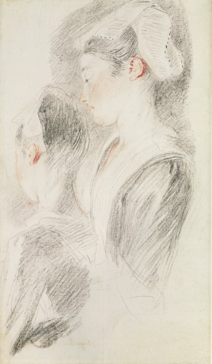 Två studier av en kvinna, tre fjärdedelar bakifrån, en i profil (sangvinisk och svart krita på papper) av Jean Antoine Watteau