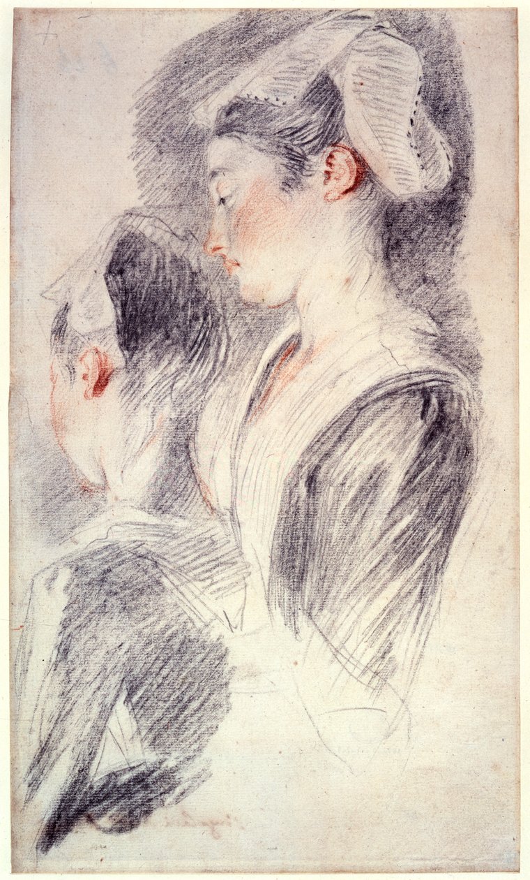 Två studier av en ung kvinnas huvud, 1716-18 av Jean Antoine Watteau