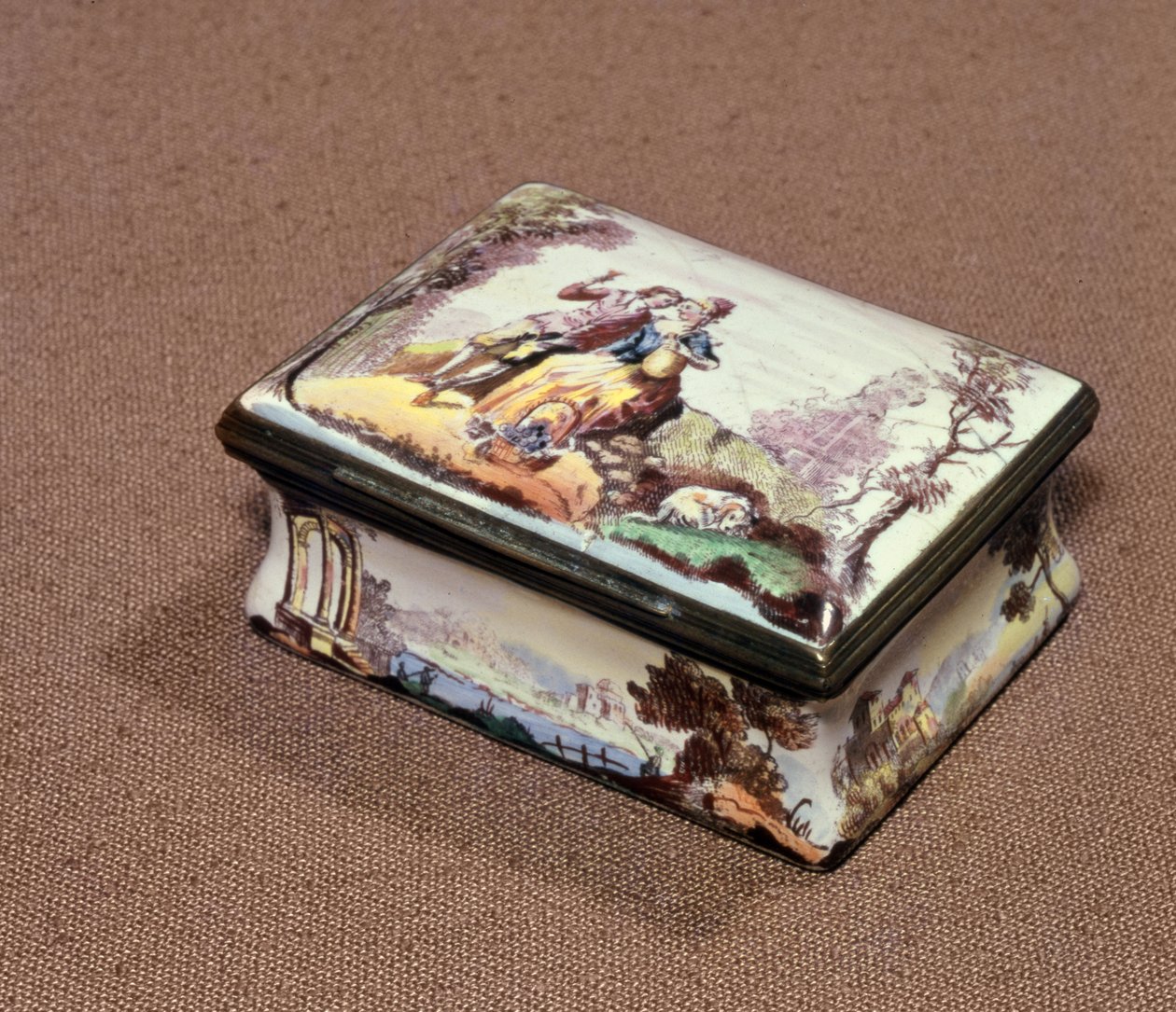 Snuffbox, Birmingham, ca 1756 (transfertryckt emalj) av Jean Antoine Watteau