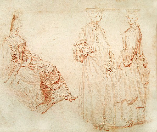 Tre kvinnor, en sitter till vänster (rödkrita på papper) av Jean Antoine Watteau