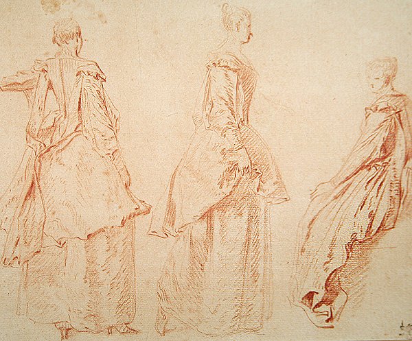 Tre kvinnor, en sitter till höger (rödkrita på papper) av Jean Antoine Watteau
