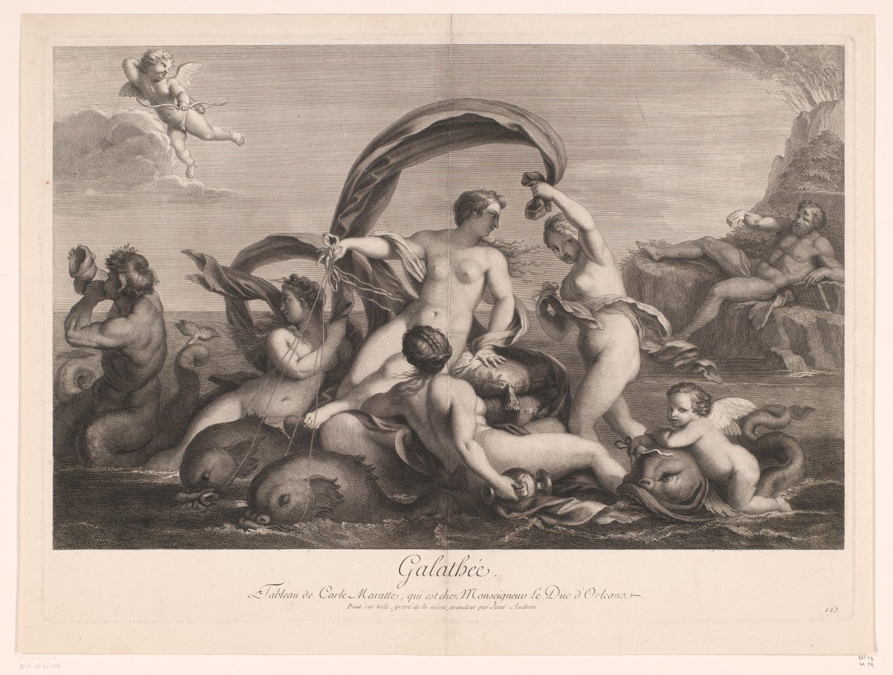 Galatea bevakad av Polyphemus Galathee (titel på objekt) av Jean Audran
