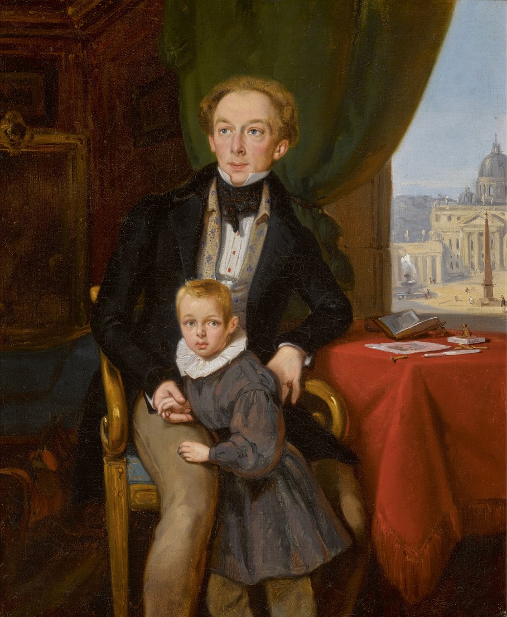 Porträtt av greve Pyotr Ivanovich Meshchersky 1802-1876 med sonen Nikolai, 1935. av Jean Auguste Bard