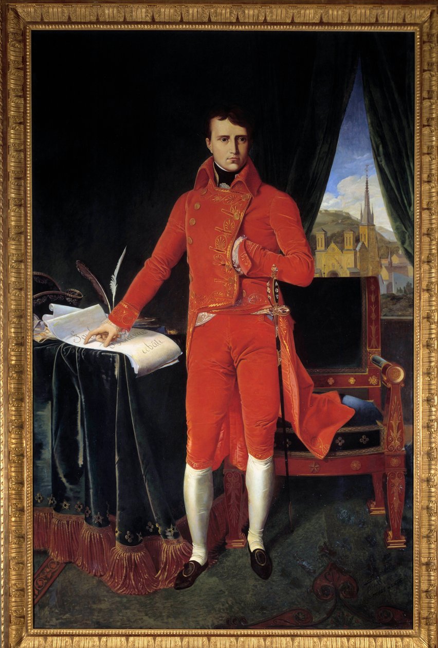 Hellängdsporträtt av Napoleon Bonaparte (1769-1821) som förste konsul Målning av Joseph Pel efter Jean-Auguste-Dominique Ingres (Jean Auguste Dominique) (1780-1867) 1929 Sön. 1,2x2,2m. Malmaison, Slottsmuseet OBS! Användning av detta arbete kan vara föremå av Jean Auguste Dominique (after) Ingres