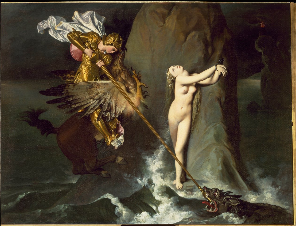 Angelica befrias av Roger (Ruggero, Ruggiero) rider på en flodhäst (från Orlando furioso av Ludovico Ariosto) - olja på duk av Jean Auguste Dominique Ingres