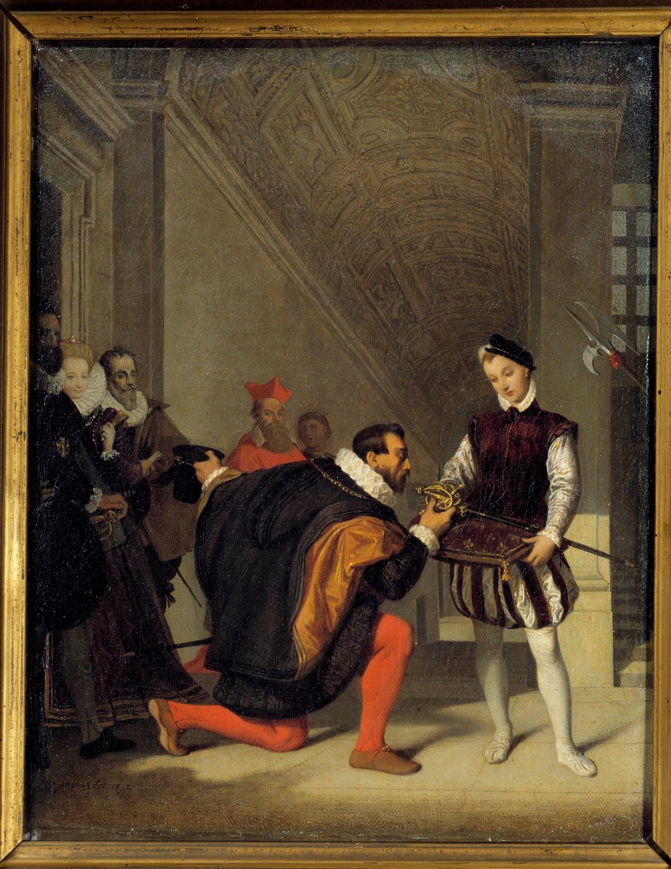 Don pedro de Toledo, ambassadör för Filip II som kysser Henrik IV:s svärd (1553-1610). Trappa Henri II i Louvren. Målning av Jean Auguste Dominique Ingres (1780-1867) 1800-talets sön. 0,36x0,28 m - Don Pedro de Toledo, ambassadör för Philippe II, av Jean Auguste Dominique Ingres