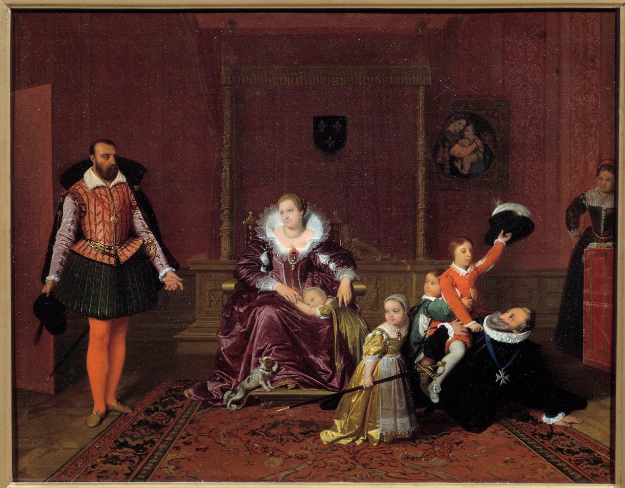 Kung av Frankrike Henrik IV (1553-1610) leker med sina barn framför den spanska ambassadören I centrum, drottning Mary av Medicis, är barnen Ludvig XIII, Elizabeth av Frankrike, Christine av Frankrike och Nicolas. Målning av Jean Auguste Dominique Ing av Jean Auguste Dominique Ingres