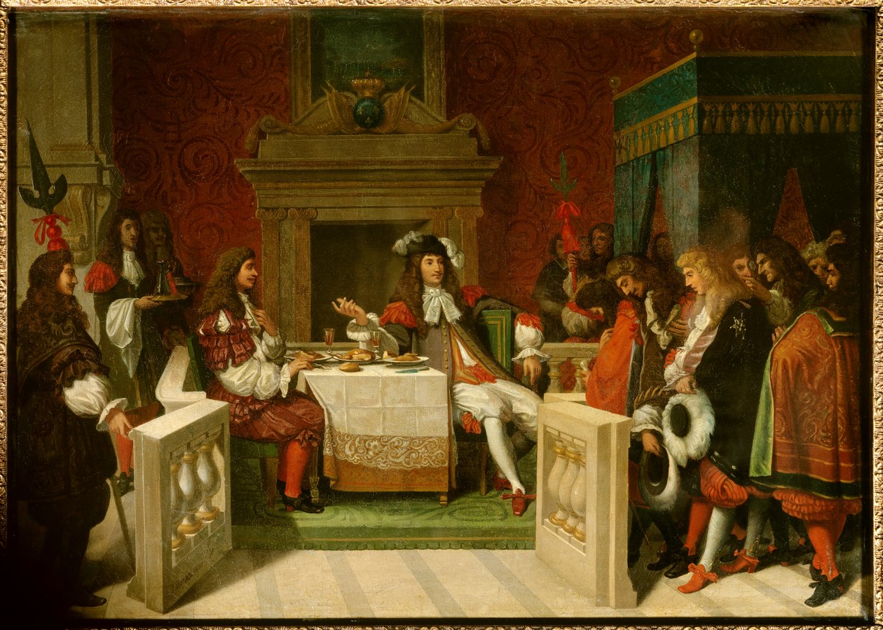 Ludvig XIV och Moliere: Kung Ludvig XIV (1638-1715) och Jean Baptiste Poquelin dit Moliere (1622-1673) vid bordet framför hovmännen. Målning av Jean Auguste Dominique Ingres (1780-1867) av Jean Auguste Dominique Ingres