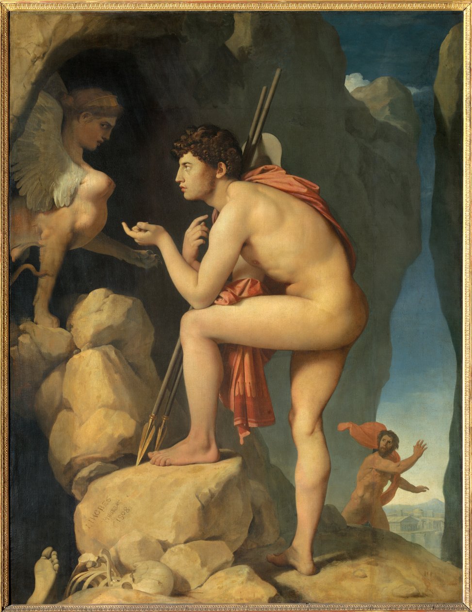 Oidipus förklarar gåtan med sfinxen Målning av Jean Auguste Dominique Ingres (1780-1867) 1808 Sön. 1,89 x 1,44 m - Oidipus förklarar sfinxens gåta. Målning av Dominique Ingres (1780-1867) av Jean Auguste Dominique Ingres