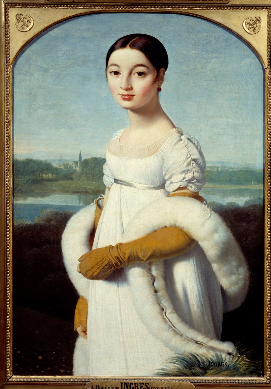 Porträtt av fröken Caroline Riviere, den unga kvinnan, är klädd i det första imperiets mode. Målning av Jean Auguste Dominique Ingres (1780-1867) 1805 Sön. 1x0,7 m - Porträtt av Mademoiselle Caroline Riviere: Den unga kvinnan är klädd i mode av Jean Auguste Dominique Ingres