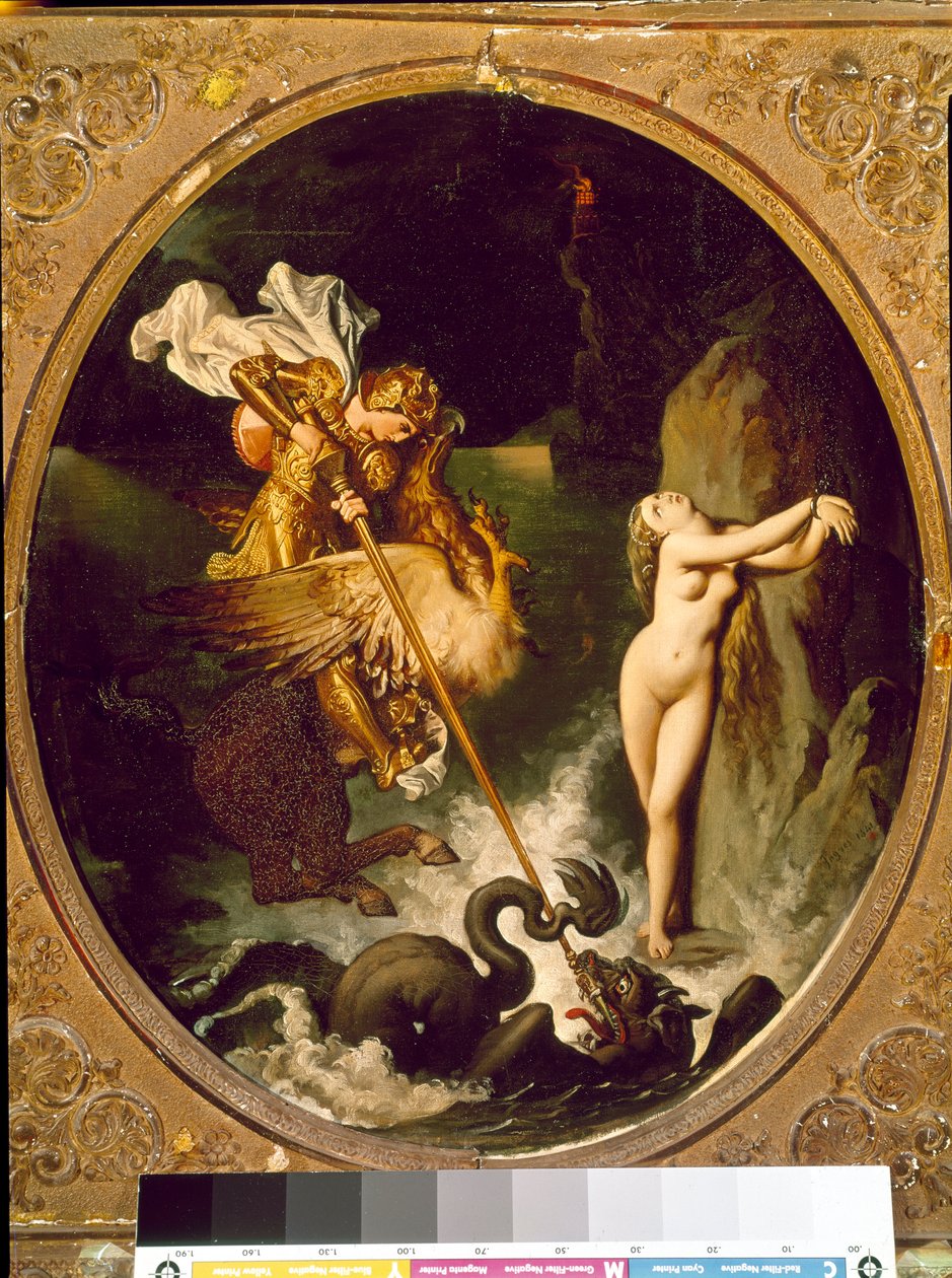 Roger delivrant Angelique Angelique (Angelica) blir befriad av Roger (Ruggero, Ruggiero) rider på en flodhäst - Illustration av X Song of "" Furious Roland" (Orlando furioso) av Ludovic Ariosto (Arioste) - Målning av Jean Auguste Dominique Ingres ( 178 av Jean Auguste Dominique Ingres