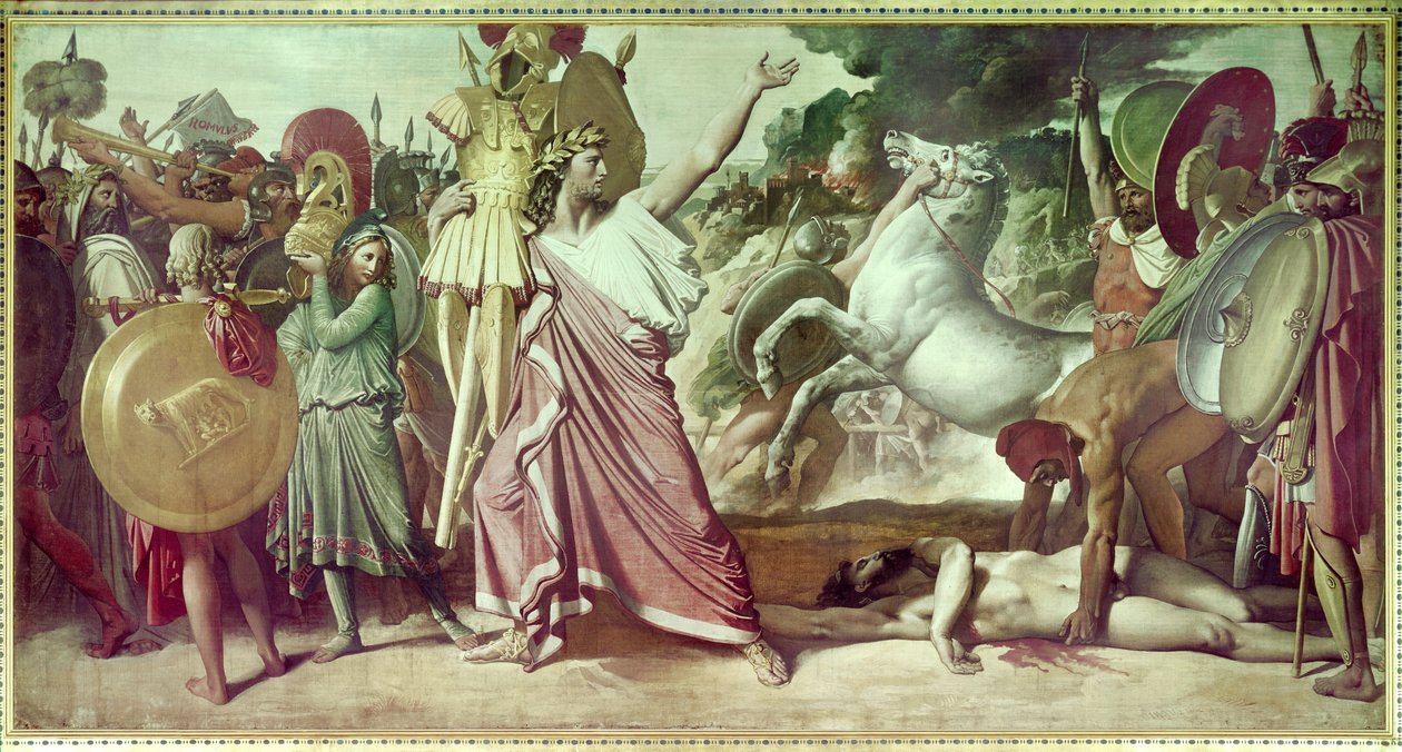 Romulus segrare av Acron bär de opimitiska kvarlevorna till Jupiters tempel. Roms grundare Romulus (Romolo) besegrade Acron, Ceninians kung 748 f.Kr. Målning av Jean Auguste Dominique Ingres (1780-1867) 1812 Paris, Ecole des beaux arts. av Jean Auguste Dominique Ingres