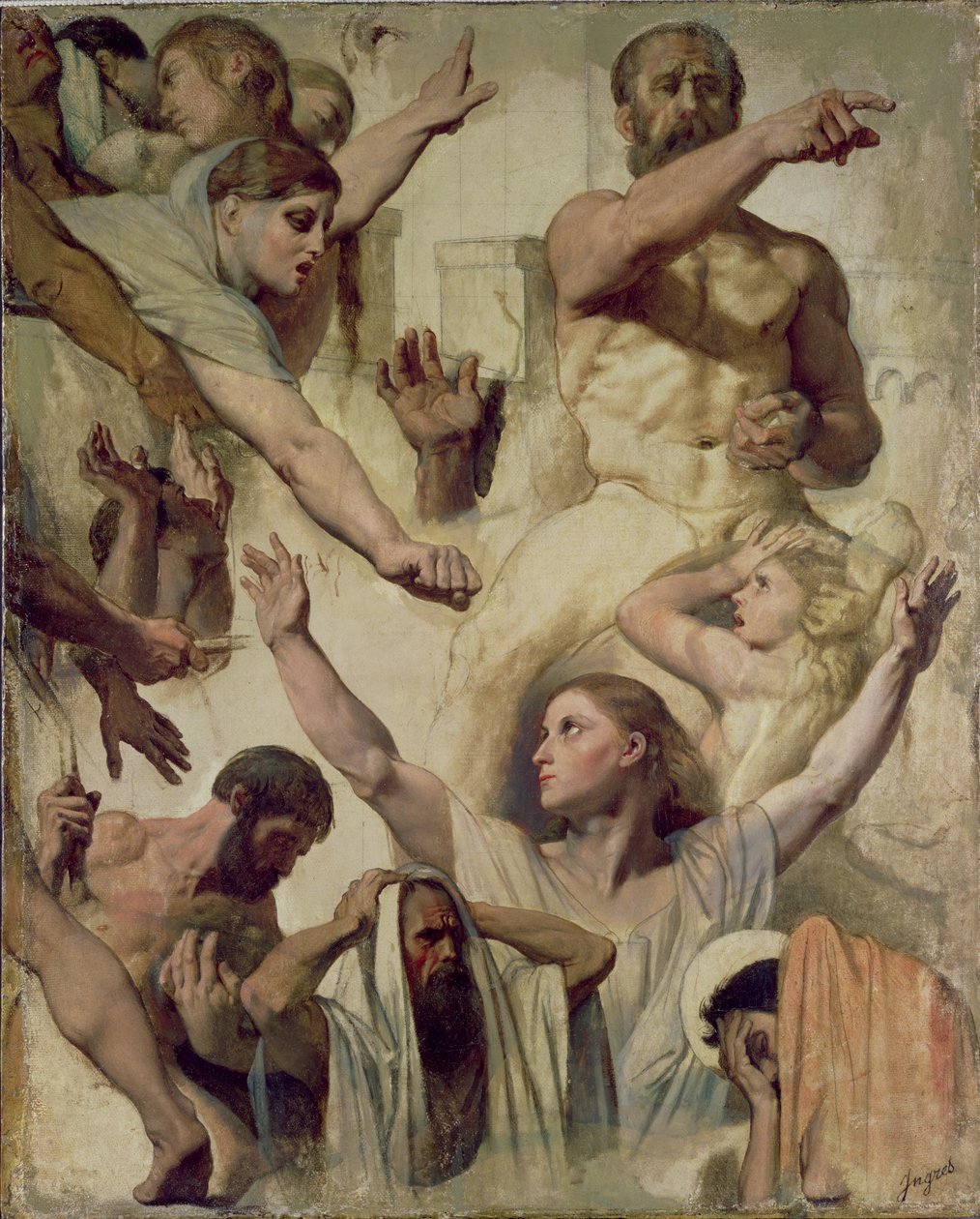 Studier för The Martyrdom of St. Symphorien (Saint, Mother and Proconsul), 1833 (olja över grafit & röd krita på duk) av Jean Auguste Dominique Ingres