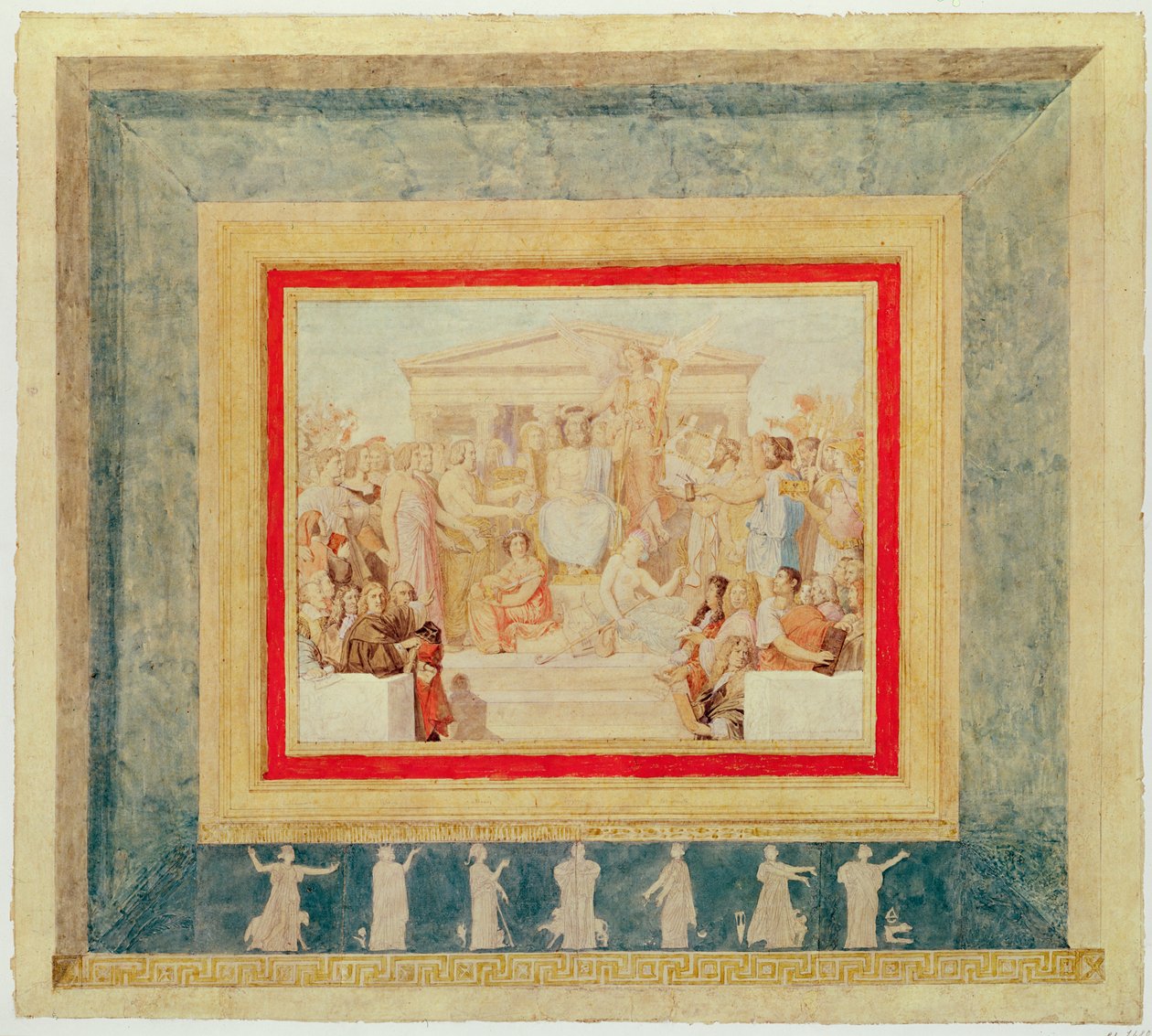 The Apotheosis of Homer, design för Louvrens tak, 1826-27 (penna och bläck och wc på papper) av Jean Auguste Dominique Ingres