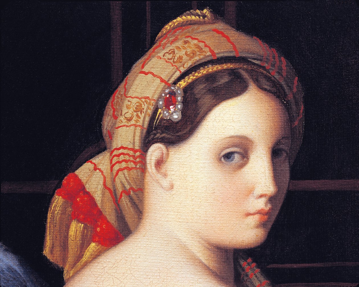 Odaliskens ansikte, detalj från The Great Odalisque, av Jean Auguste Dominique Ingres, detalj, olja på duk av Jean Auguste Dominique Ingres