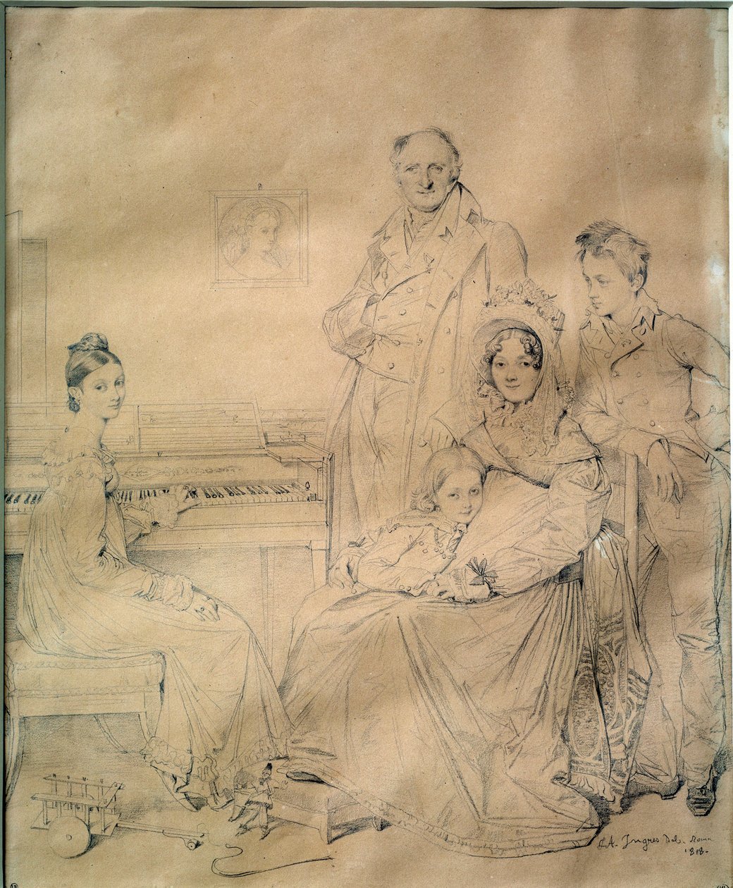Familjen Stamaty Porträtt av familjen kring Constantin Stamaty, av grekiskt ursprung, tidigare hemlig agent i det revolutionära Frankrikes tjänst, då Frankrikes konsul i Civitavecchia. Rita en blygruva av Jean Auguste Dominique Ingres (1780-1867) 1818 av Jean Auguste Dominique Ingres