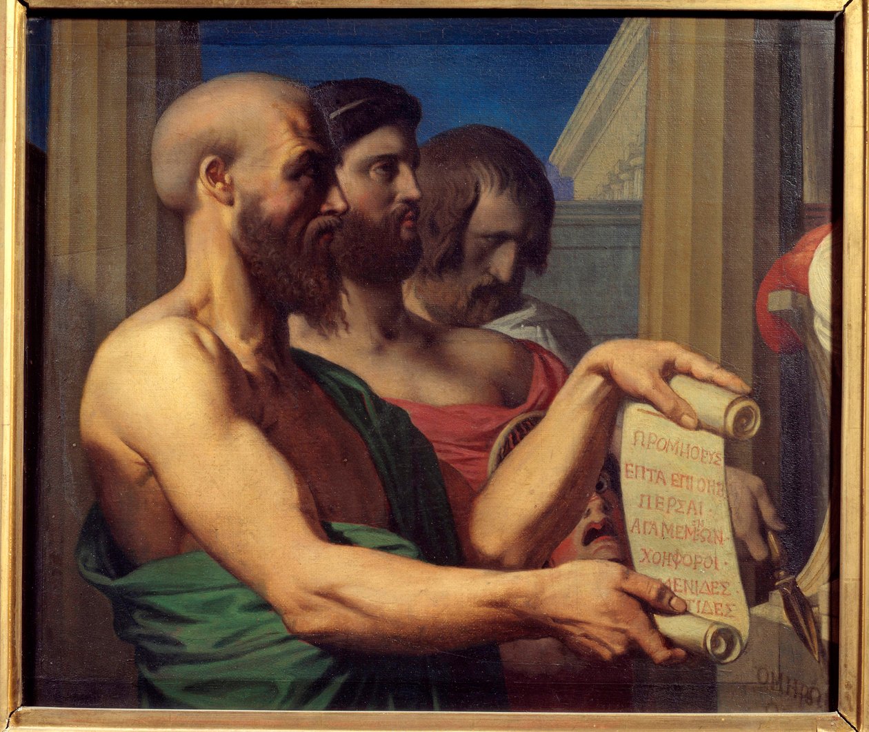 De tragiska grekiska porträtten av dramatiker Aschylus (525-456 f.Kr.), Sofokles (495-406 f.Kr.) och Euripides (480-406 f.Kr.). Målning av Jean Auguste Dominique Ingres (1780-1867) 1866 Angers, Musee des Beaux Arts av Jean Auguste Dominique Ingres