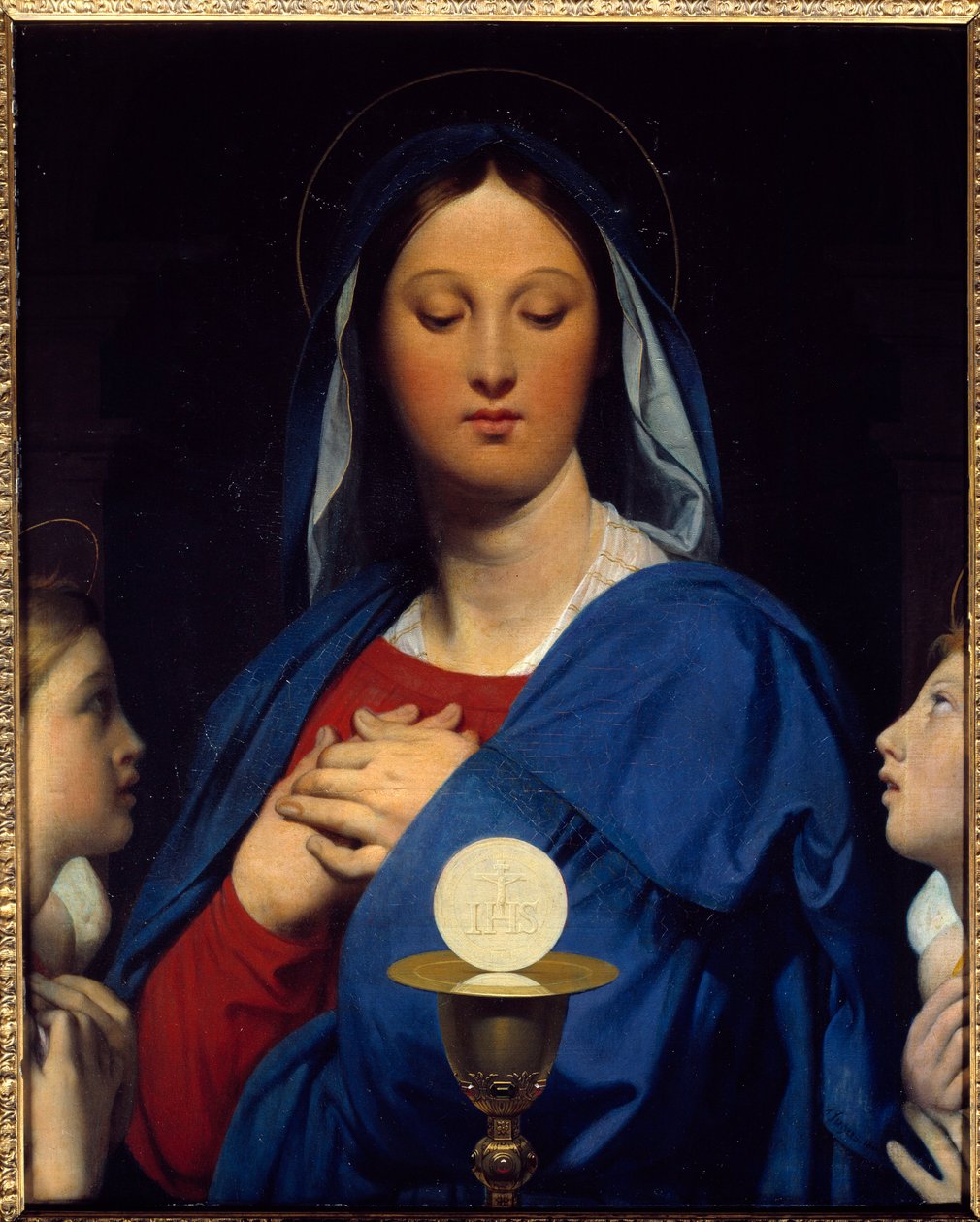 Jungfrun har värden. Symboler för gemenskap: Nattvardens föremål (värden som Kristi kropp och kalkens vin som hans blod). Målning av Jean Auguste Dominique Ingres (1780-1867) av Jean Auguste Dominique Ingres