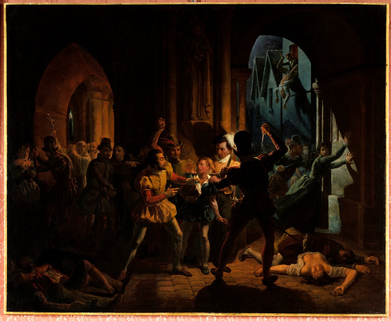 Maximilian av Bethune flyr massakern på Saint Barthelemy. Maximilian av Bethune (som blev hertig av Sully 1559-1641), uppvuxen vid college i Bourgogne i Paris, räddades av Henrik av Navarra (1553-1610) (då kung Henrik IV) och blev hans följeslagare av Jean Auguste Dubouloz