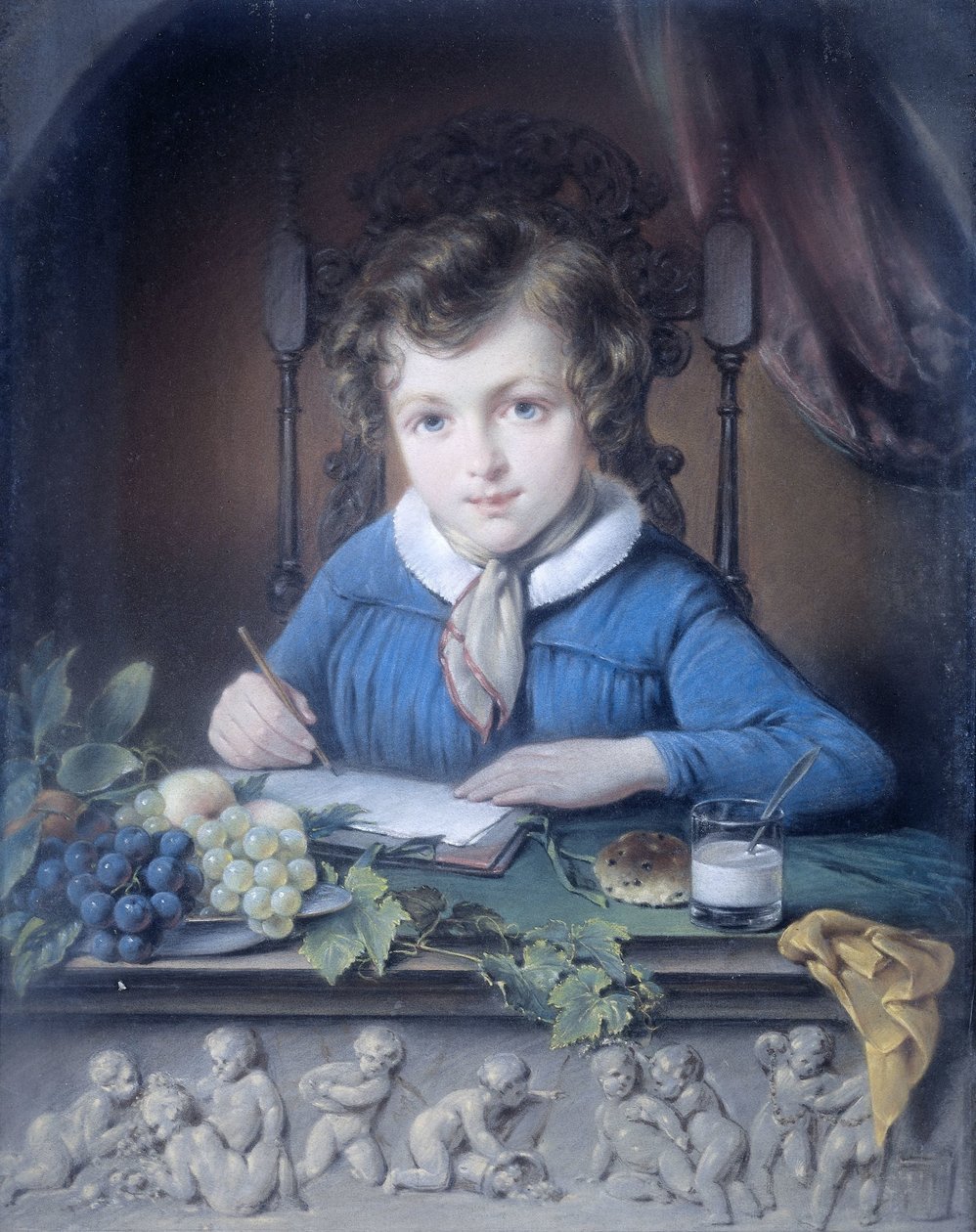Porträtt av en pojke som sitter i en fönsternisch och bär en blå jacka av Jean Augustin Daiwaille (attributed to)
