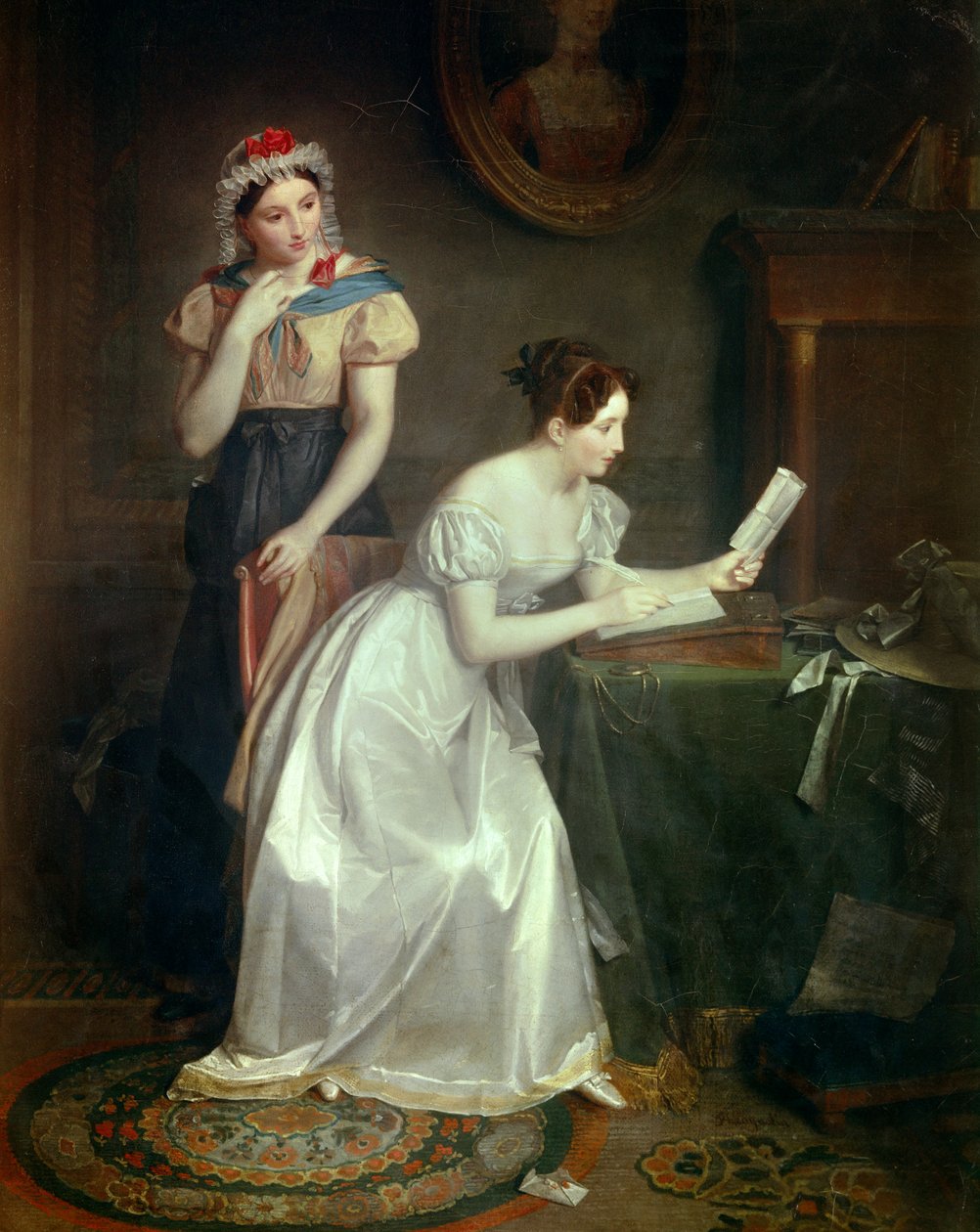 Svaret på brevet En ung kvinna skyndar sig att svara på sin älskares brev - Målning av Jean Augustin (Jean-Augustin) Franquelin (1798-1839) 1800-talet Sön 0,46x0,38 m av Jean Augustin Franquelin