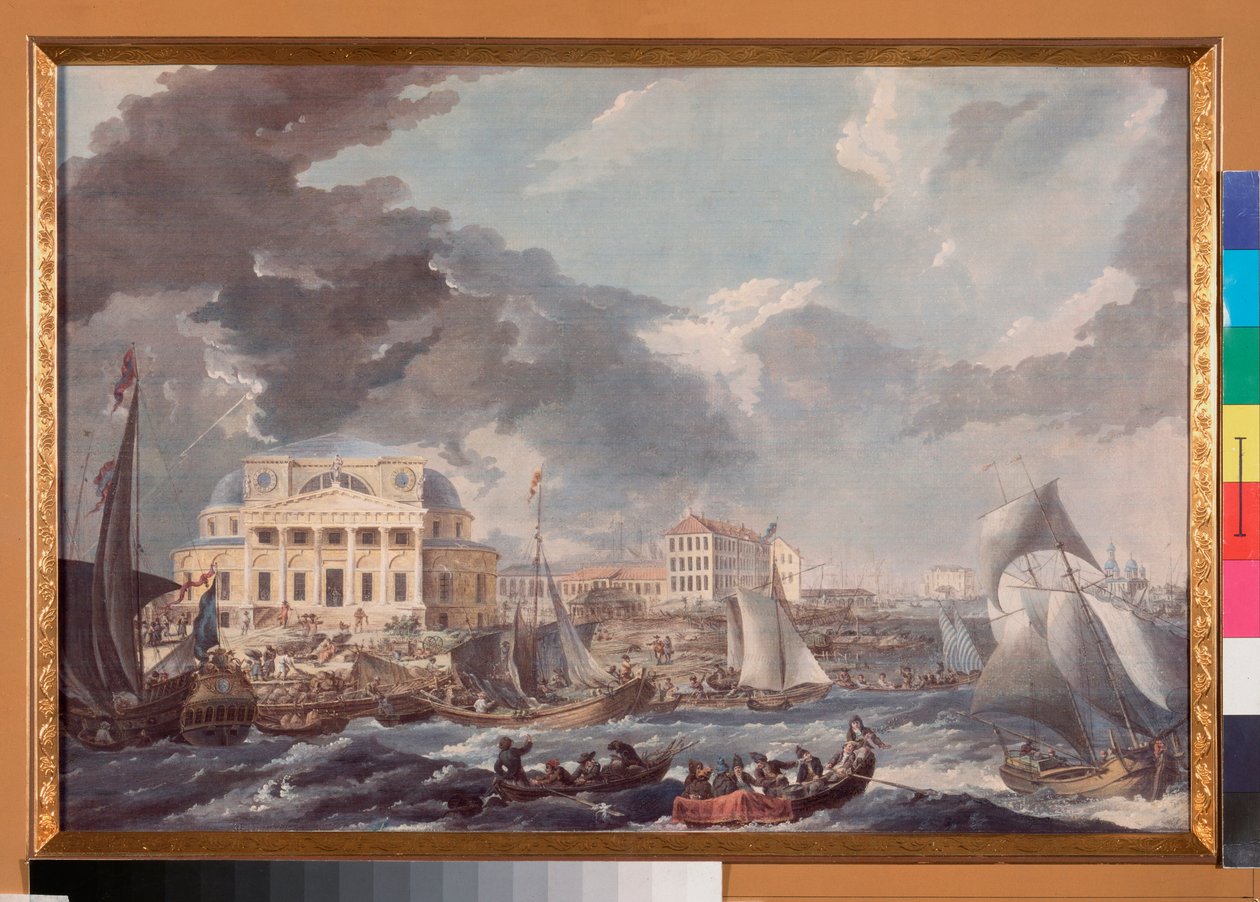 Vue de la Bourse a Saint Petersburg (Utsikt över börsen i St Petersburg) - Verk av Jean Balthazard de la Traverse (andra hälften av 1700-talet), akvarell och gouache på papper av Jean Balthazard de la Traverse