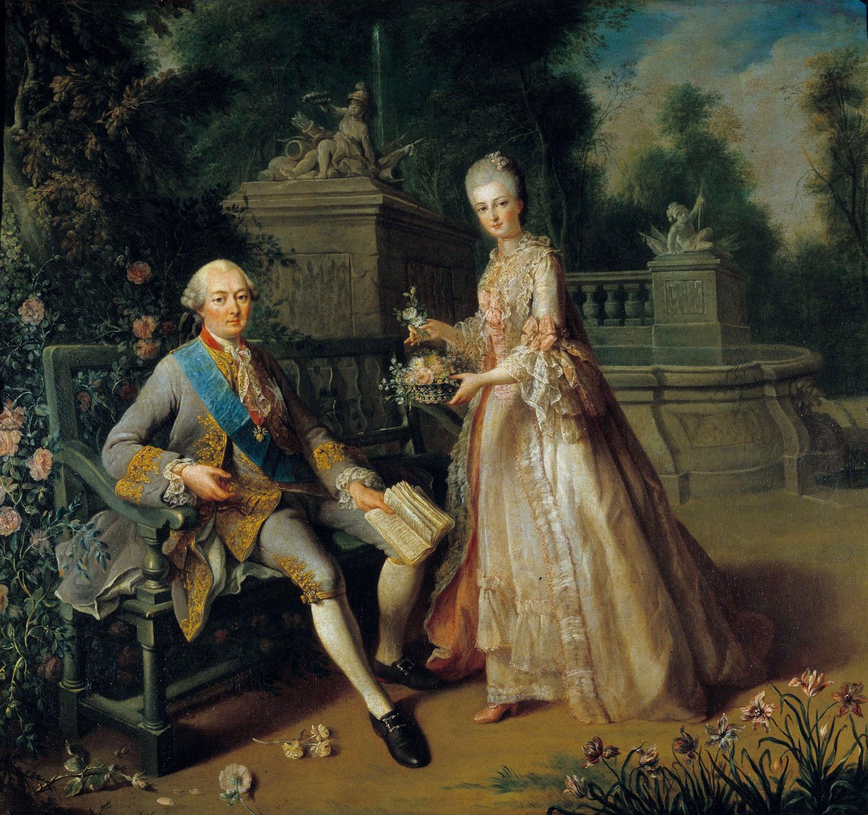 Louis Jean Marie de Bourbon, hertig av Penthievre (1725-1793) och hans dotter Louise Adelaide (1753-1821) som blev hertiginna av Orleans och hustru till Louis Philippe II av Orleans dit Philippe Egalite (1747-1793) Målning av Jean Baptiste Charpentier (172 av Jean Baptiste Charpentier