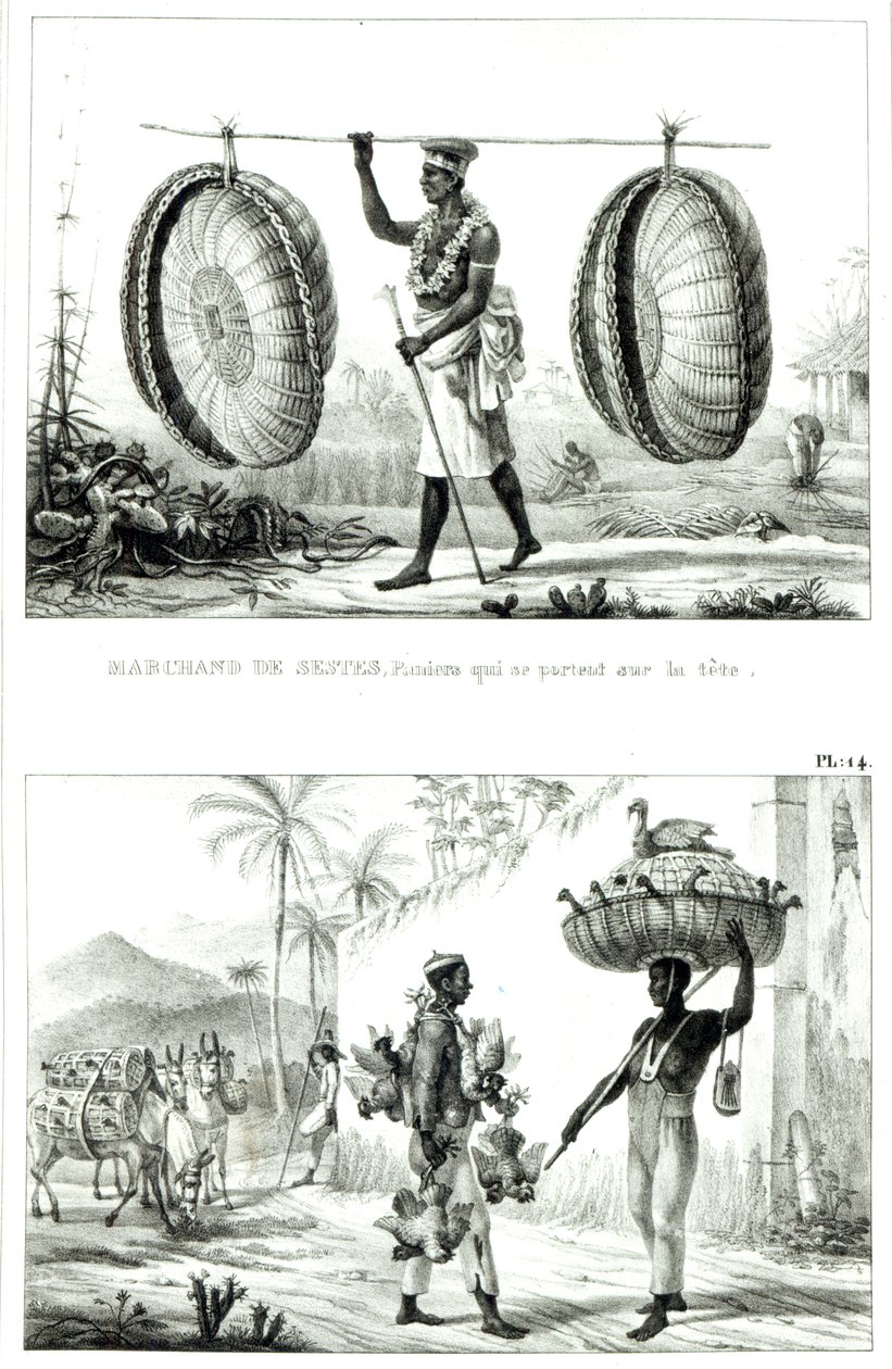 Huvudkorgar och en fjäderfäsäljare, från "Picturesque and Historical Journey to Brazil" av Jean Baptiste (after) Debret