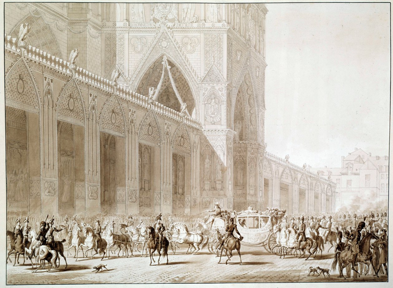 Kejsar Napoleon I (1769-1821) och imponerande Josephine de Beauharnais (1763-1814) i vagn till katedralen Notre Dame de Paris på dagen för det heliga trycket efter "The Book of the Sacred" av Jean Baptiste Isabey ( 1767-1855) 1800-talet av Jean Baptiste (after) Isabey