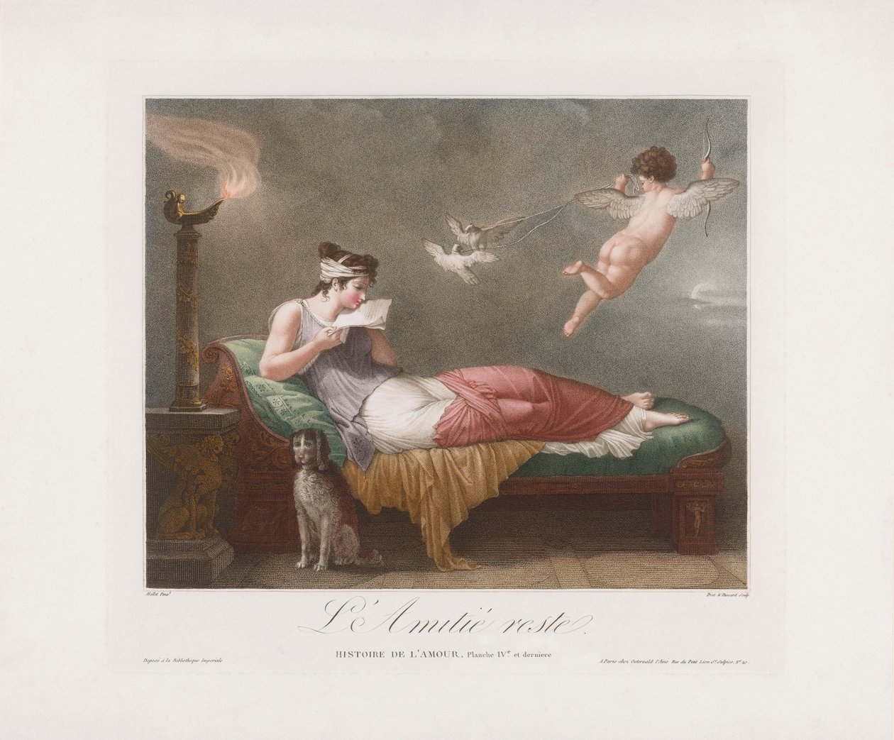 Cupid levererar ett kärleksbrev. 1800-talet (tryck) av Jean Baptiste (after) Mallet