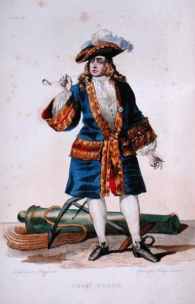 Porträtt av Jean Bart (1651-1702) ca 1830 (färgad gravyr) av Jean Baptiste (after) Mauzaisse