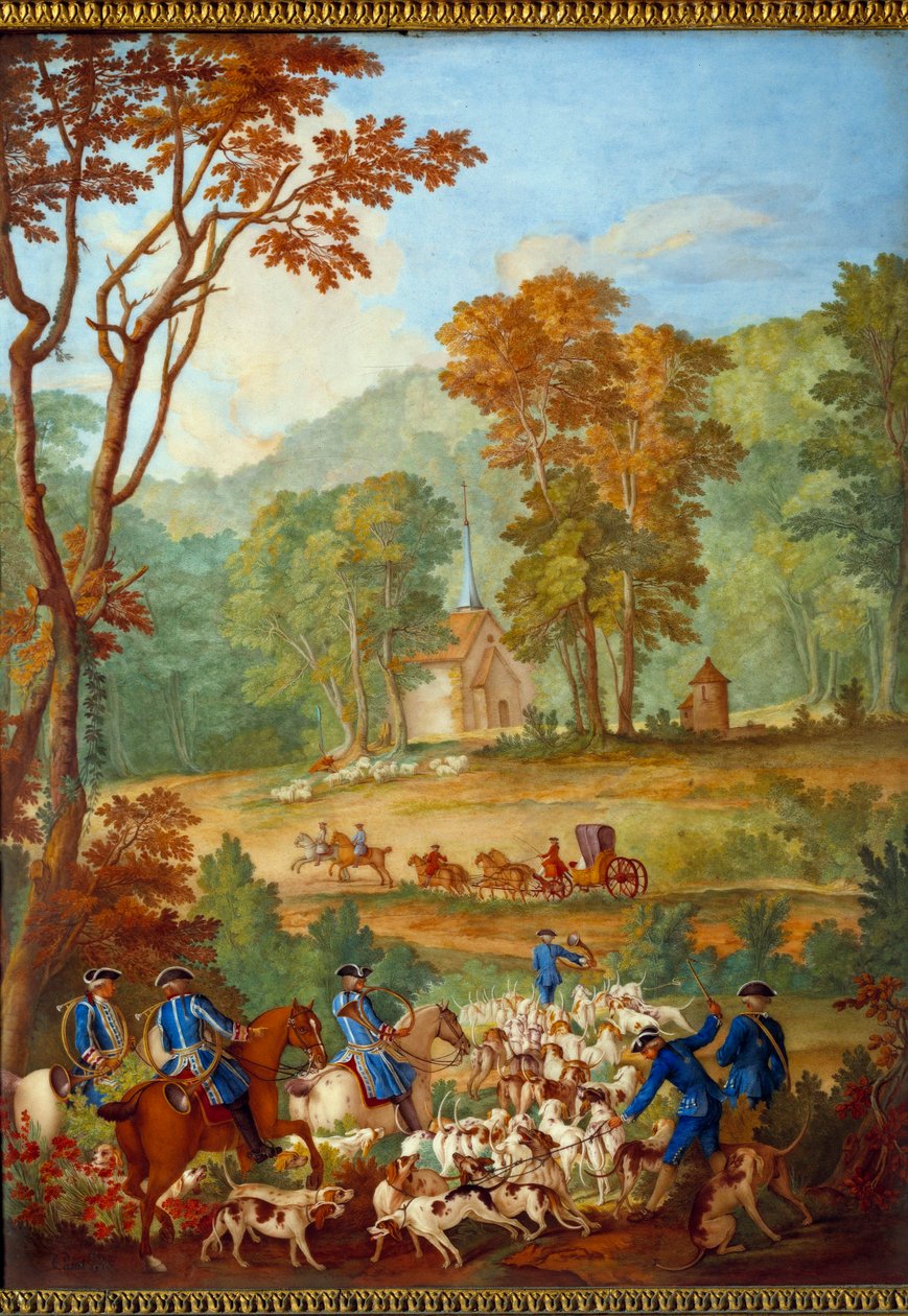 Tavla föreställande Ludvig XVI:s (1754-1793) jakter: "Flocken av vanliga hundar som går till mötet i skogen i Compiegne"" Porslinsmålning av Philippe Castel (ca 1746-1797) av Jean Baptiste Oudry (1686-1755) ) 1778-1781 Dim. 0,39x0,49 m av Jean Baptiste (after) Oudry