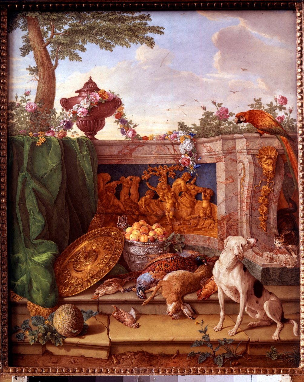 Tavla som visar jakterna på Ludvig XVI (1754-1793): detalj som representerar ett vilt som håller hund. Målning på porslin av Philippe Castel (ca 1746-1797) av Jean Baptiste Oudry (1686-1755) 1778-1781 Sön. 0,39x0,49 m Versailles, musee du chateau. av Jean Baptiste (after) Oudry