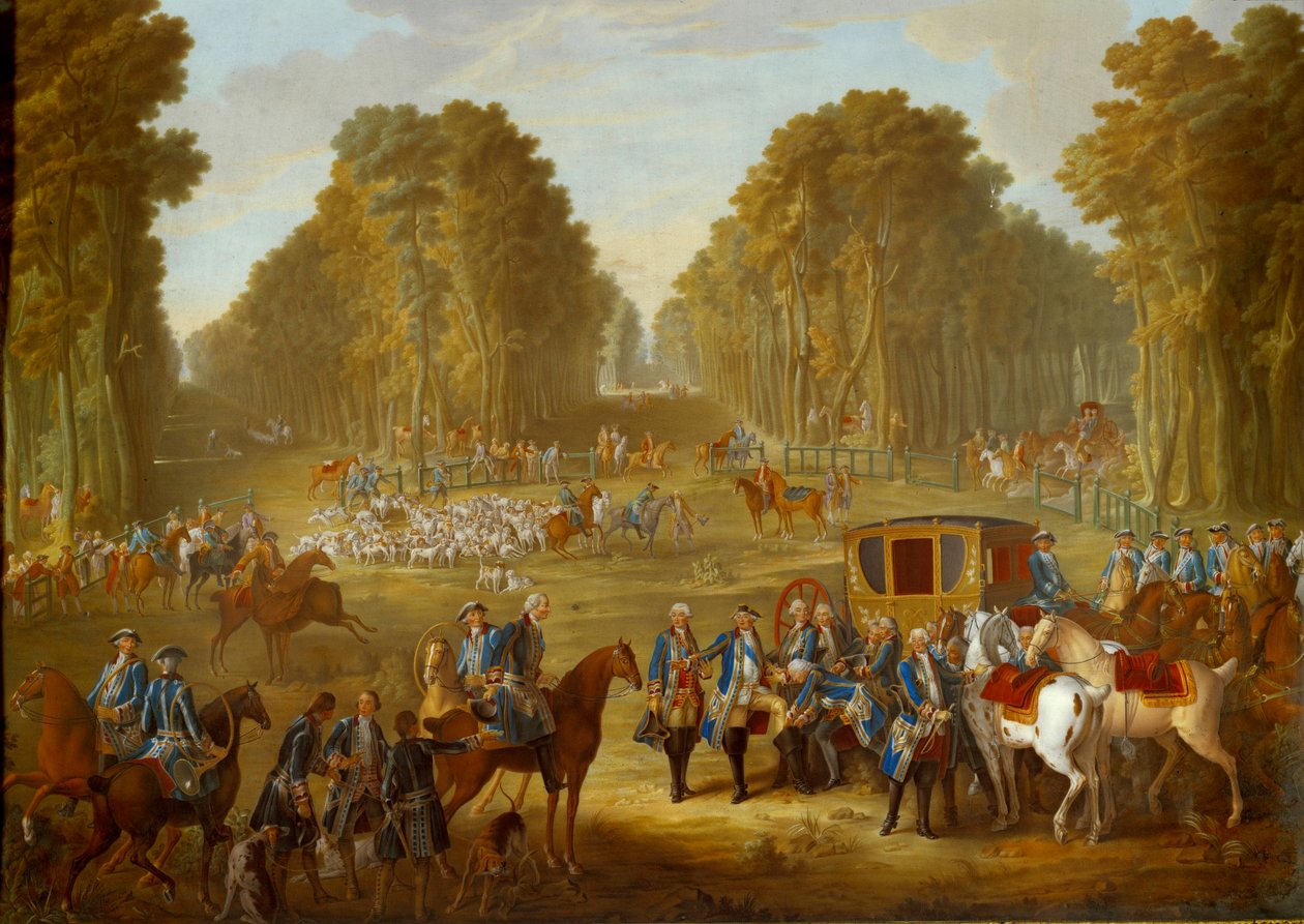 Tavla som visar Ludvig XVI:s jakter: mötet vid korsningen av brunnen du Roi i skogen i Compiegne. Målning på mjukt porslin av Nicolas Pierre Pithou l