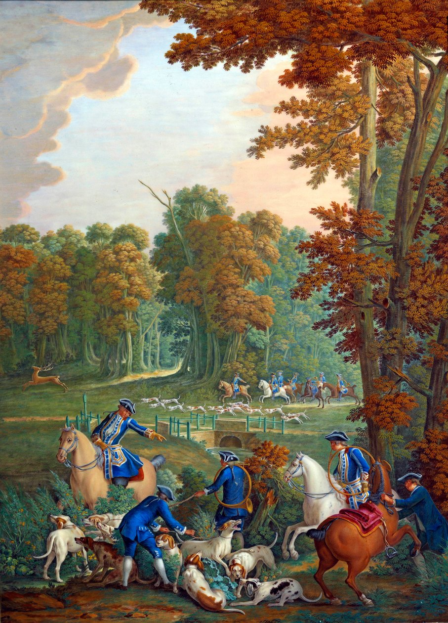 Plåt som representerar Ludvig XVI:s jakter: stafetten vid korsningen av Embrassade i skogen Compiegne"" eller "" betjänt som frikopplar den gamla flocken""". Porslinsmålning av Charles Etienne Leguay (1762-1846) av Jean Baptiste Oudry (1686-1755). Gjord av Jean Baptiste (after) Oudry