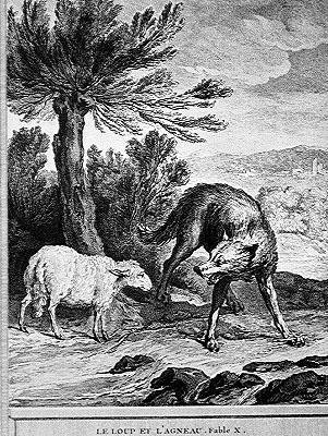 Vargen och lammet (gravyr) av Jean Baptiste (after) Oudry