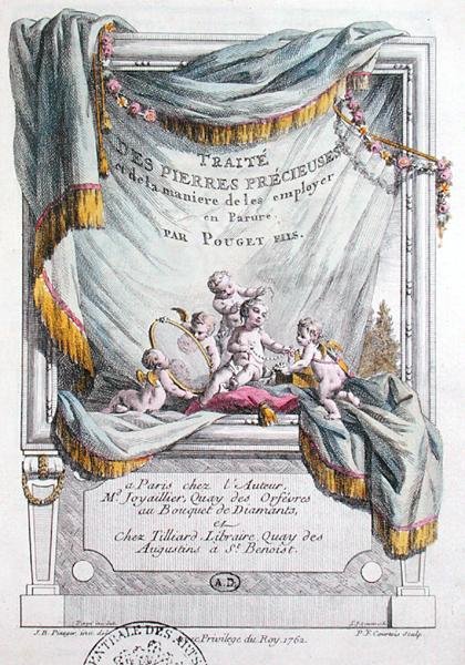 Frontispice till "Behandlar ädelstenar och hur man använder dem i utsmyckning" av Pouget Brothers, graverad av P.F. Courtois av Jean Baptiste (after) Piauger