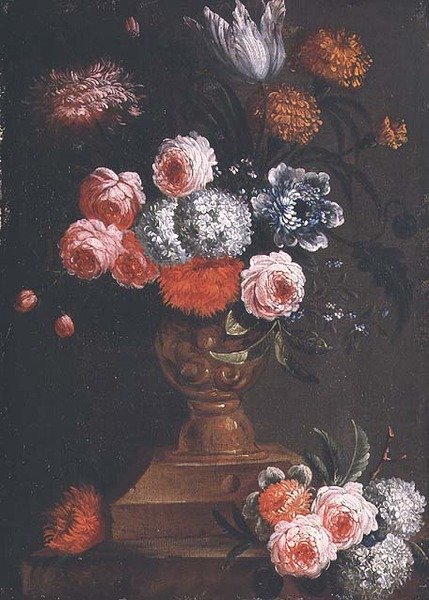 Tulpaner, ringblommor, Viburnum, förgätmigej, rosor och andra blommor i en urna av Jean Baptiste (attr. to) Bosschaert