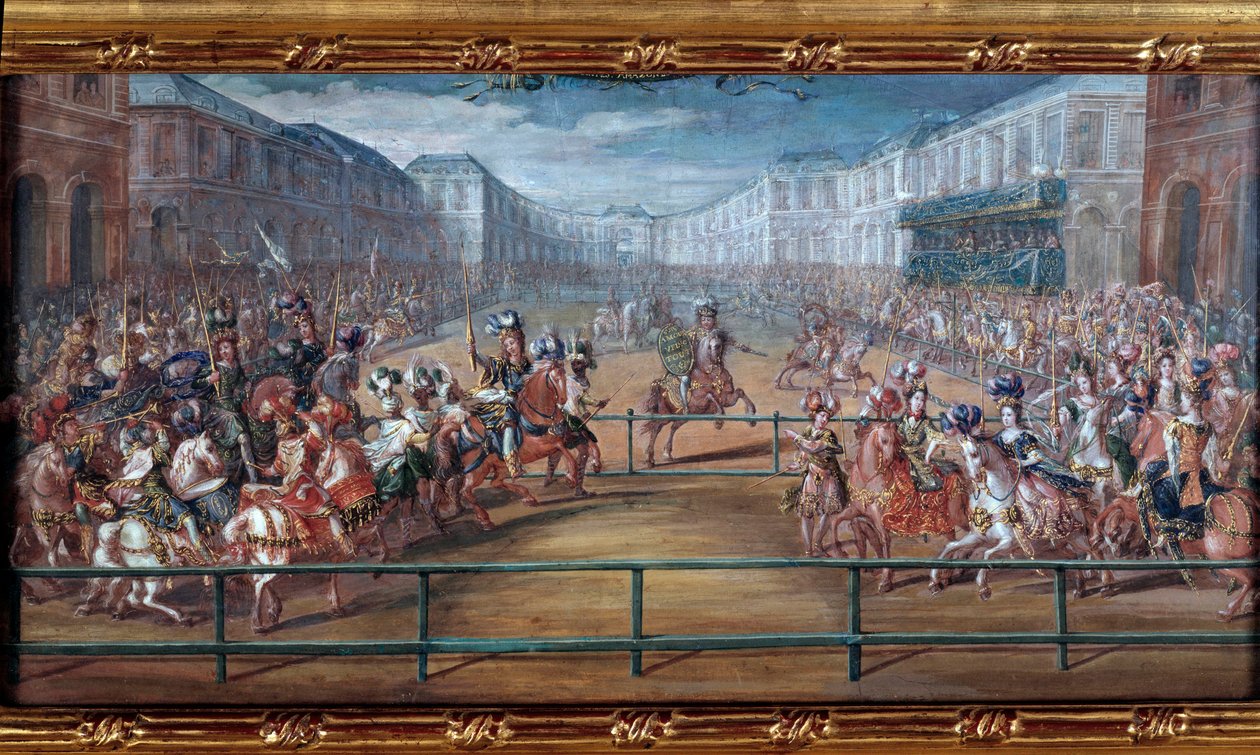 Den pompösa karusellen av de galanta amazonerna i de fyra delarna av världen gav Ludvig XIV framför Tuilerierna den 5 juni av Jean Baptiste (attr. to) Martin
