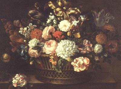 Pioner, tulpaner, narcisser och andra blommor i en korg av Jean Baptiste (attr. to) Monnoyer