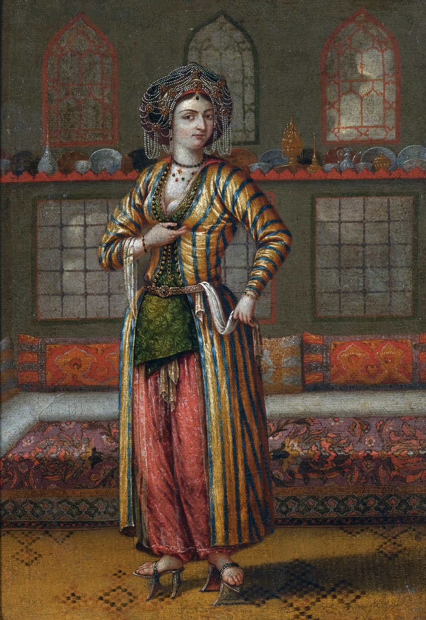 ""Porträtt av en kvinna från adeln i Konstantinopel med hamamskor"" (En adlig dam från Konstantinopel med hamamskor) Målning från Jean Baptiste Vanmours skola (Van Mour) Olja på duk, 25,5x18 - Privat samling av Jean Baptiste (circle of) Vanmour