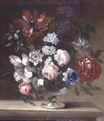 Rosor, tulpaner och andra blommor i en vas av Jean Baptiste (follower of) Monnoyer