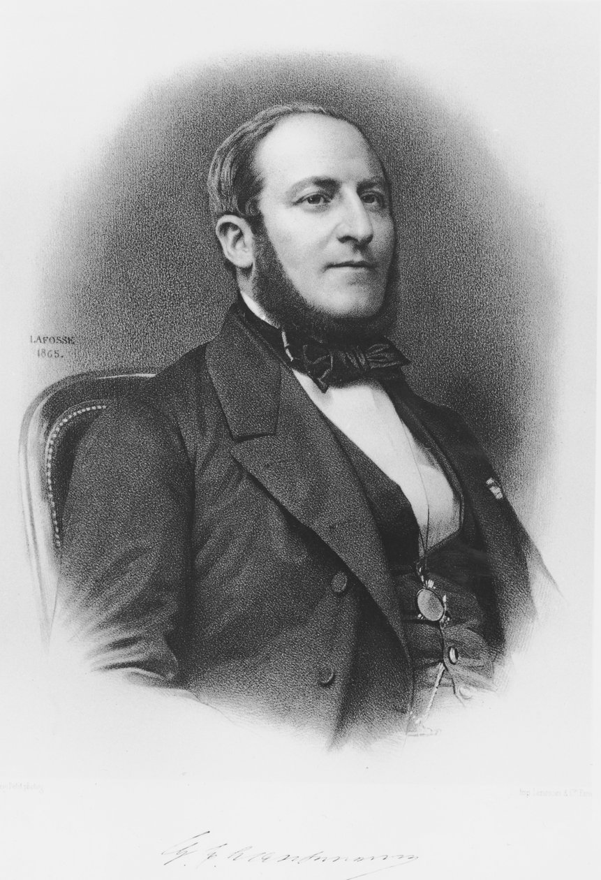 Porträtt av baron Georges Eugene Haussmann (1809-91), 1865 (bw gravyr) av Jean Baptiste Adolphe Lafosse
