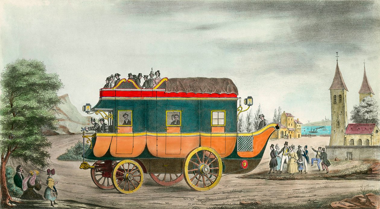 Bilen (eller flit) har ånga: fransk uppfinning 1835. Gravyr av Ange Tissier (1814-1876). 1835. Privat samling av Jean Baptiste Ange Tissier