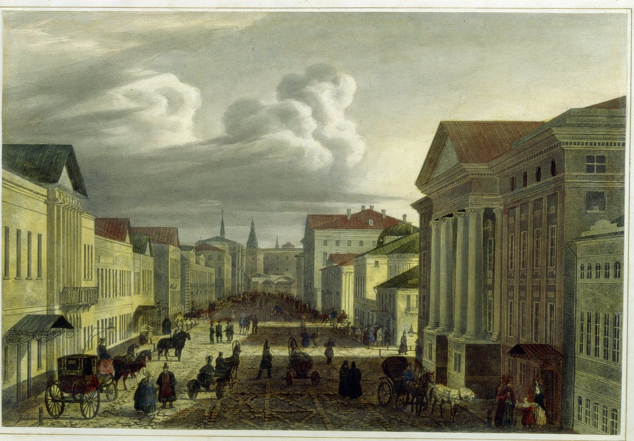 Tverskaya Street i Moskva (Tverskaya Street i Moskva). Verk av Auguste Jean Baptiste Antoine Cadolie (1782-1849), litografi, akvarellmålning av Jean Baptiste Antoine Cadolie
